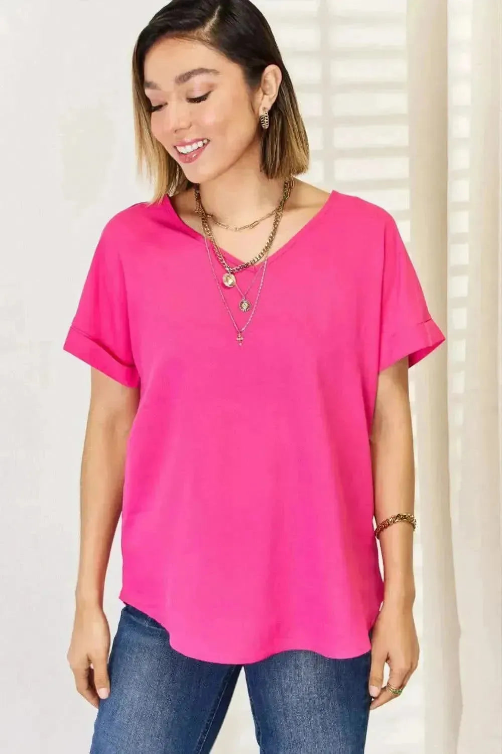 Zenana V-Neck Rolled Short Sleeve T-Shirt - Bad Moms Club