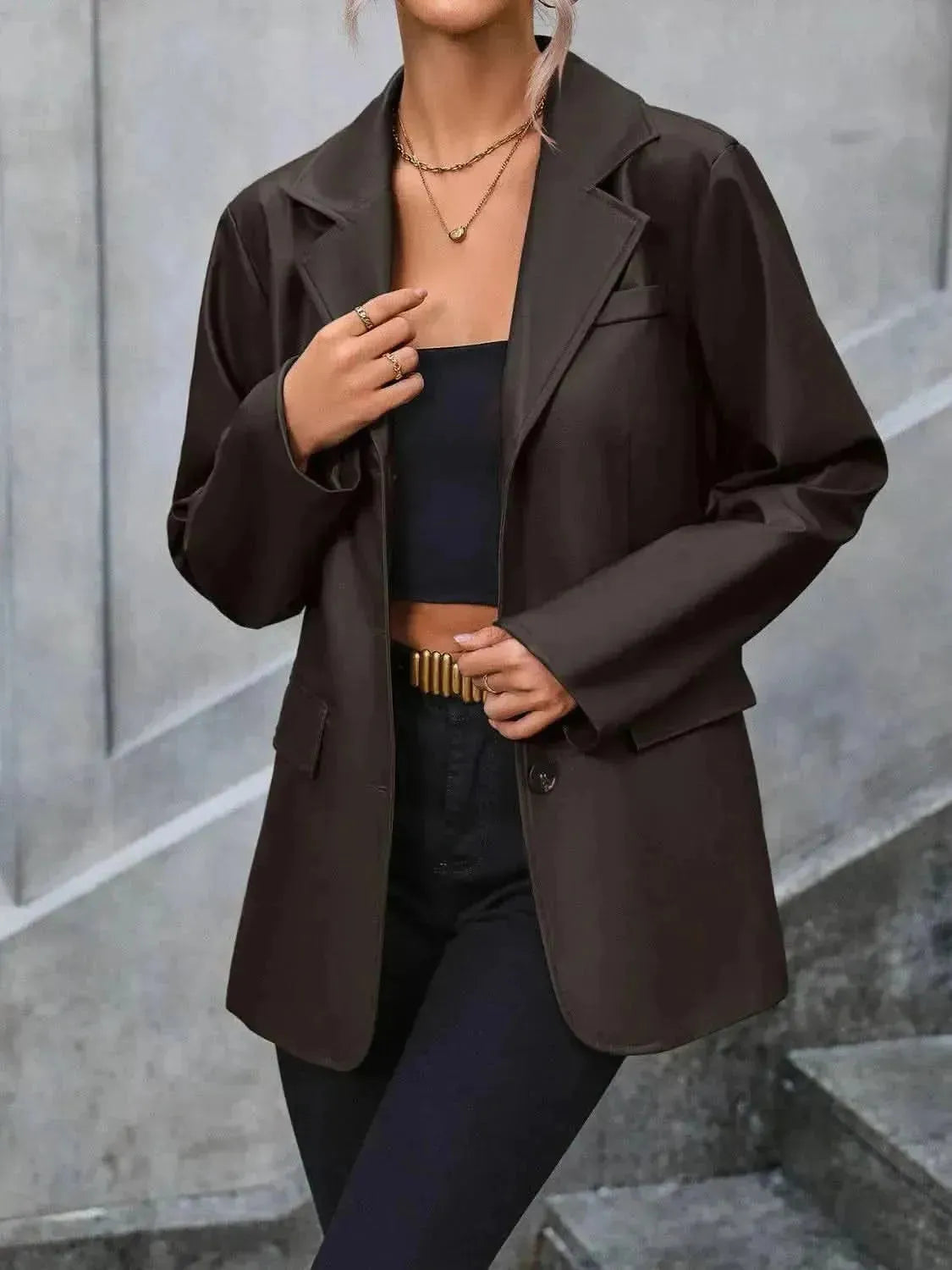 Pocketed Button Up Collared Neck Blazer - Bad Moms Club