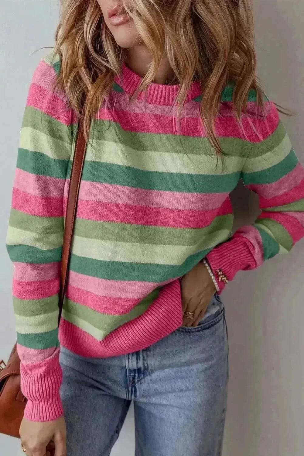 Striped Round Neck Long Sleeve Sweater - Bad Moms Club