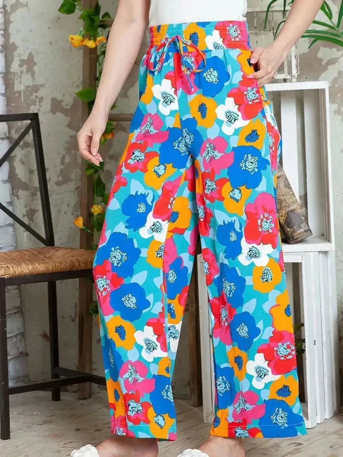 Printed Drawstring Wide Leg Pants - Bad Moms Club