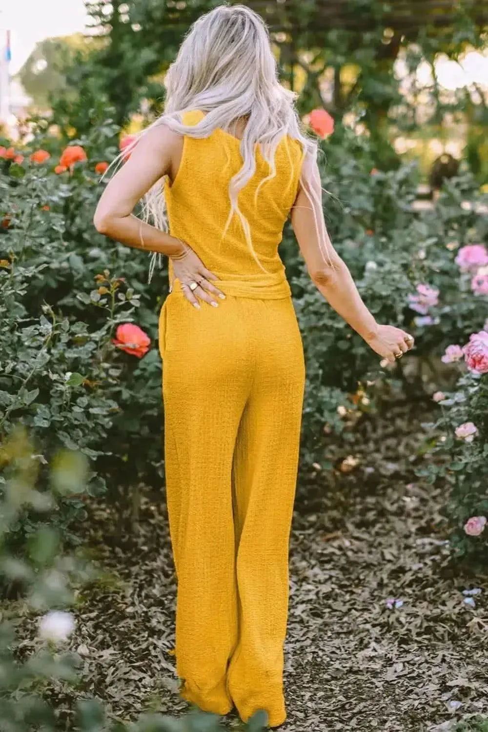 Textured Round Neck Top and Wide Leg Pants Set - Bad Moms Club