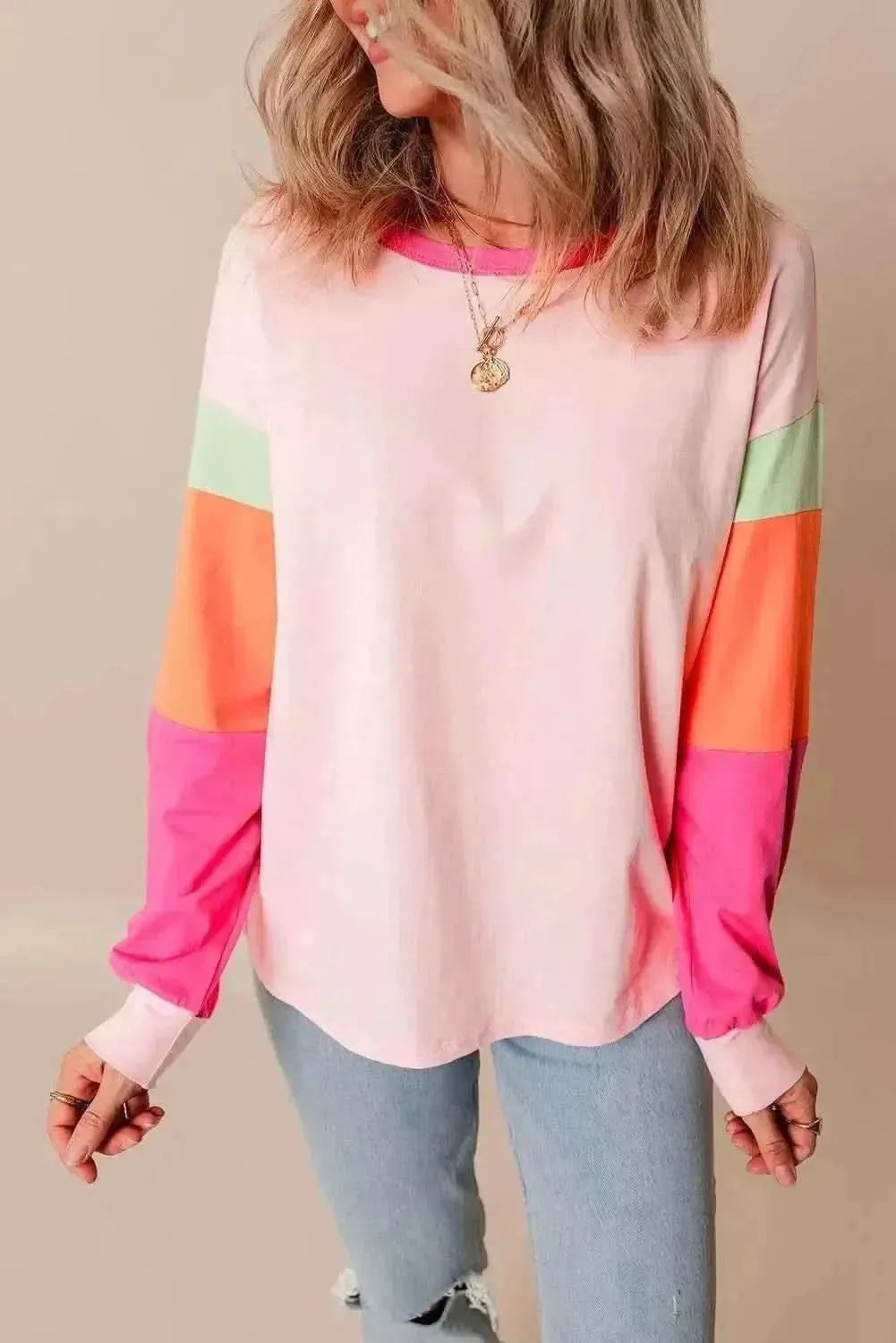 Color Block Round Neck Long Sleeve Top - Bad Moms Club