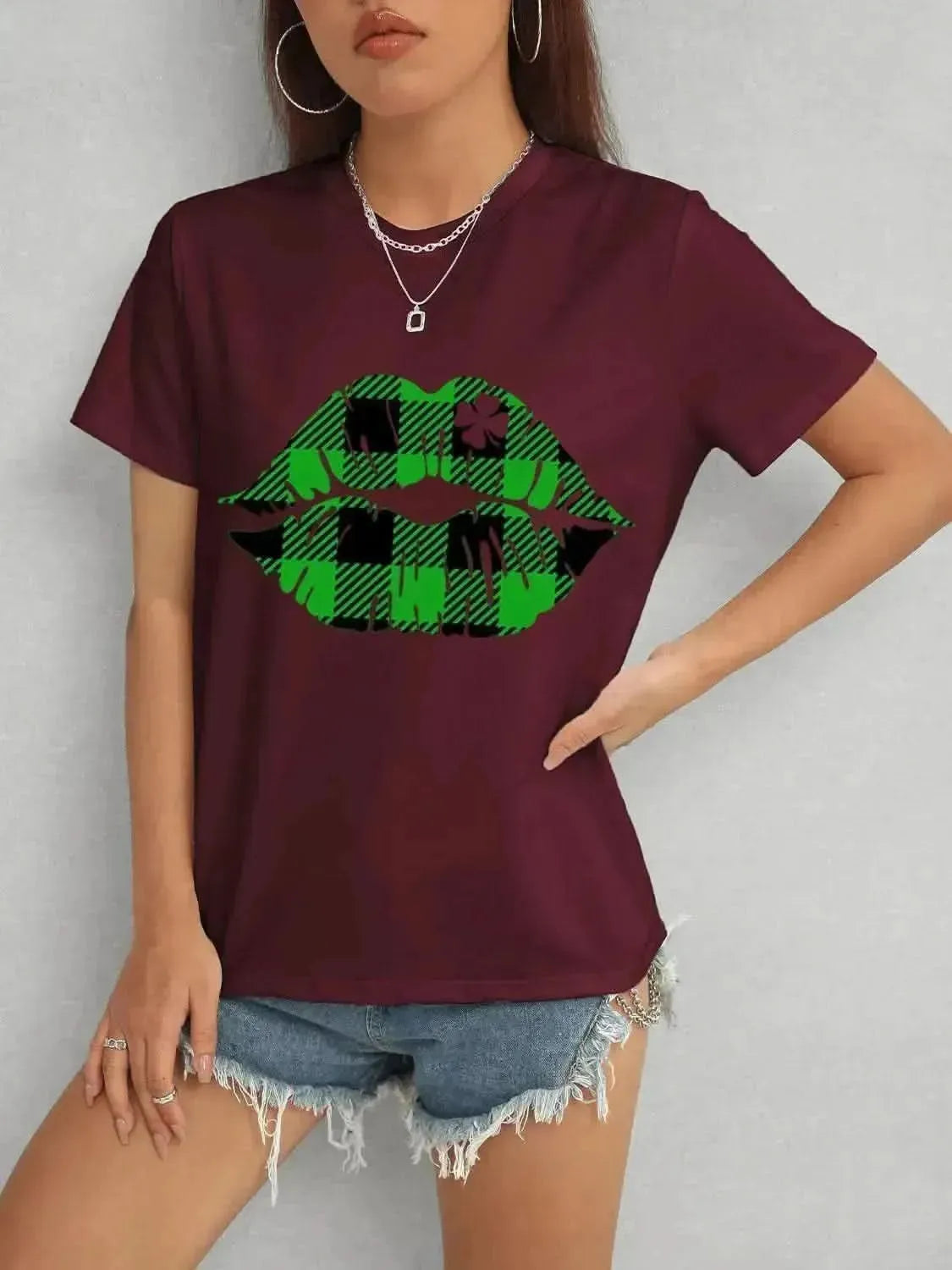 Plaid Lip Graphic Round Neck T-Shirt - Bad Moms Club