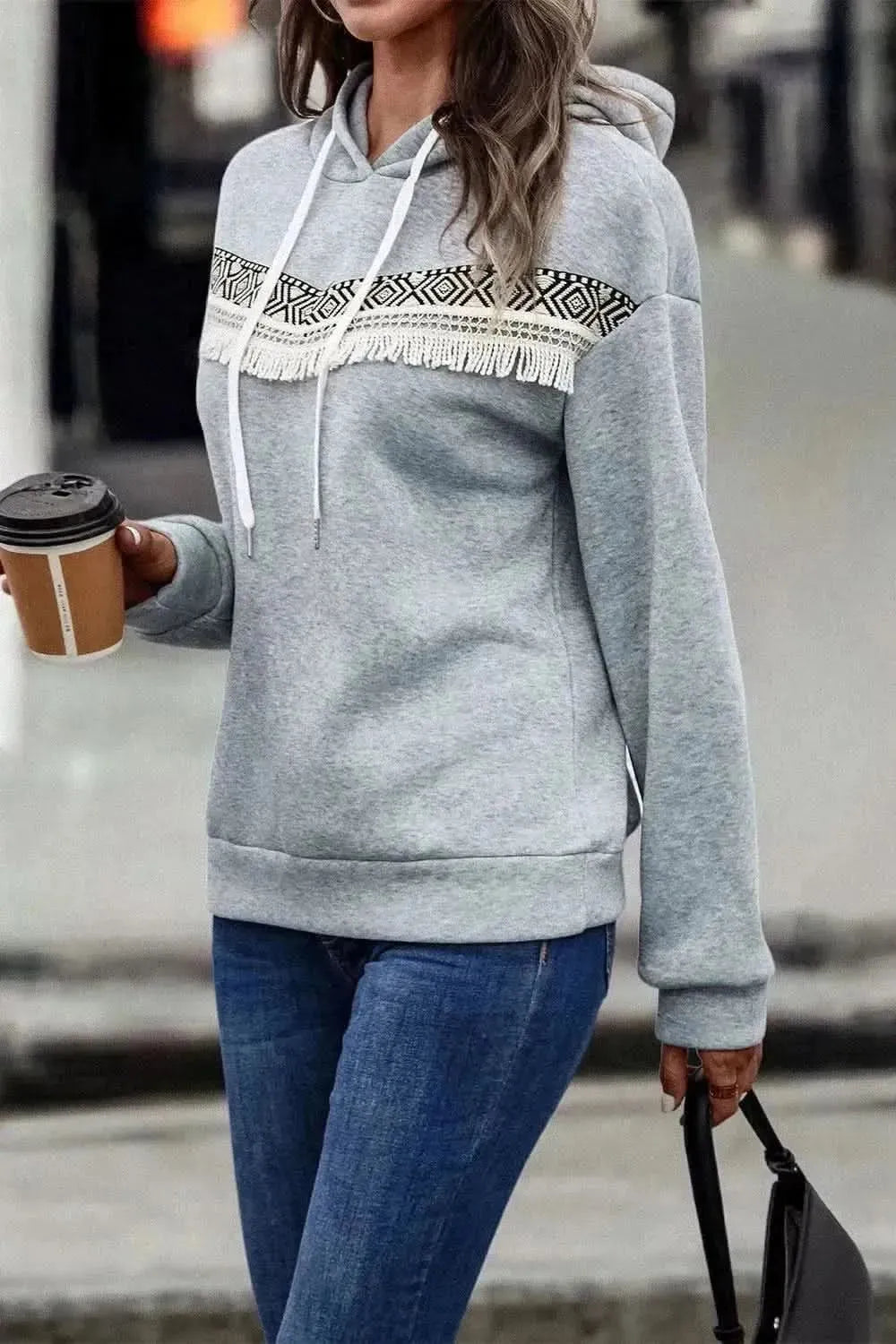 Contrast Fringe Detail Dropped Shoulder Hoodie - Bad Moms Club