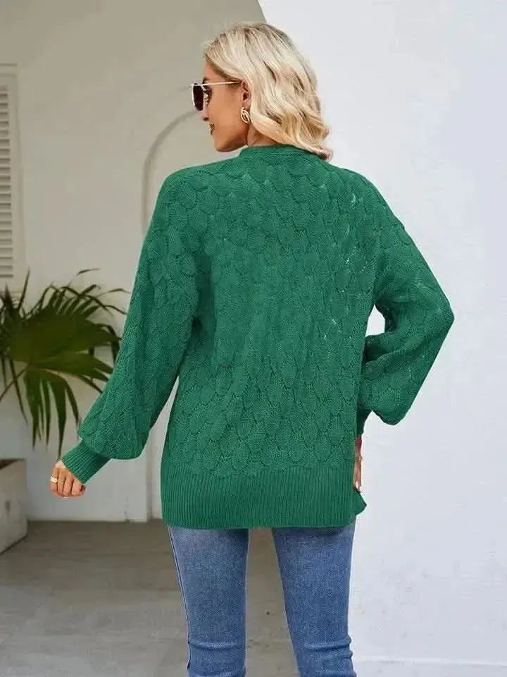 Openwork Open Front Lantern Sleeve Cardigan - Bad Moms Club
