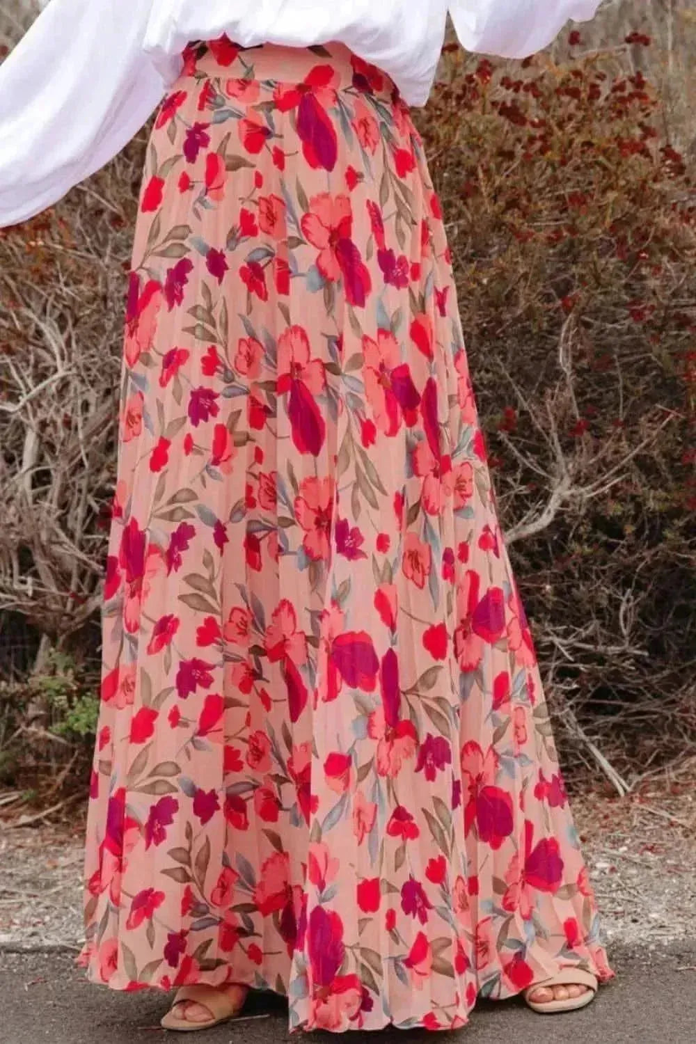 Printed Elastic Waist Pleated Maxi Skirt - Bad Moms Club
