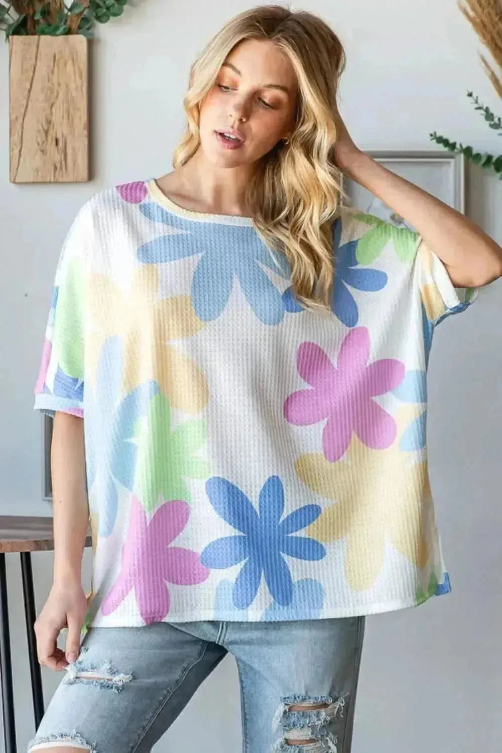HOPELY Floral Round Neck Waffle T-Shirt - Bad Moms Club