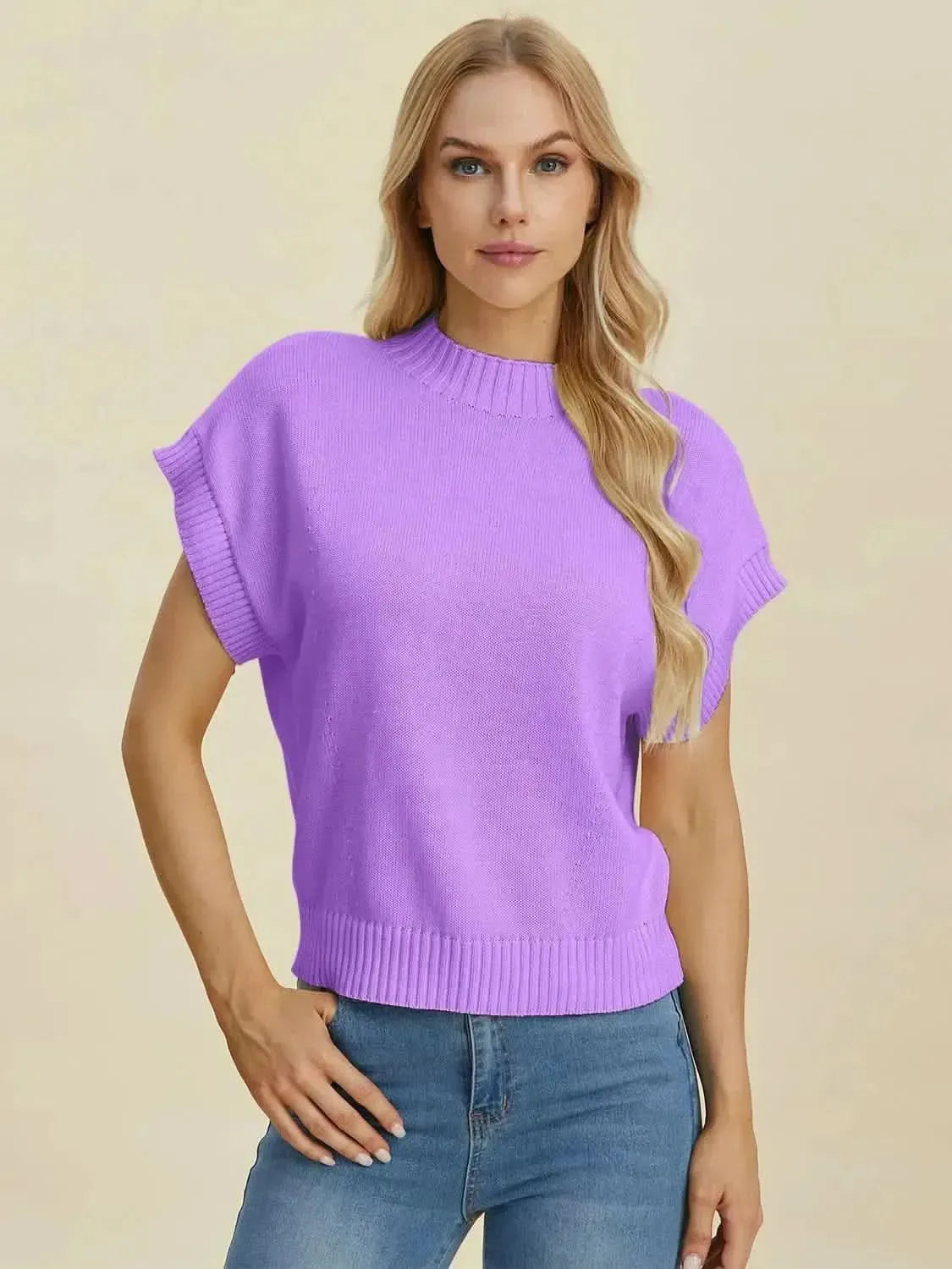 Double Take Full Size Mock Neck Short Sleeve Sweater - Bad Moms Club
