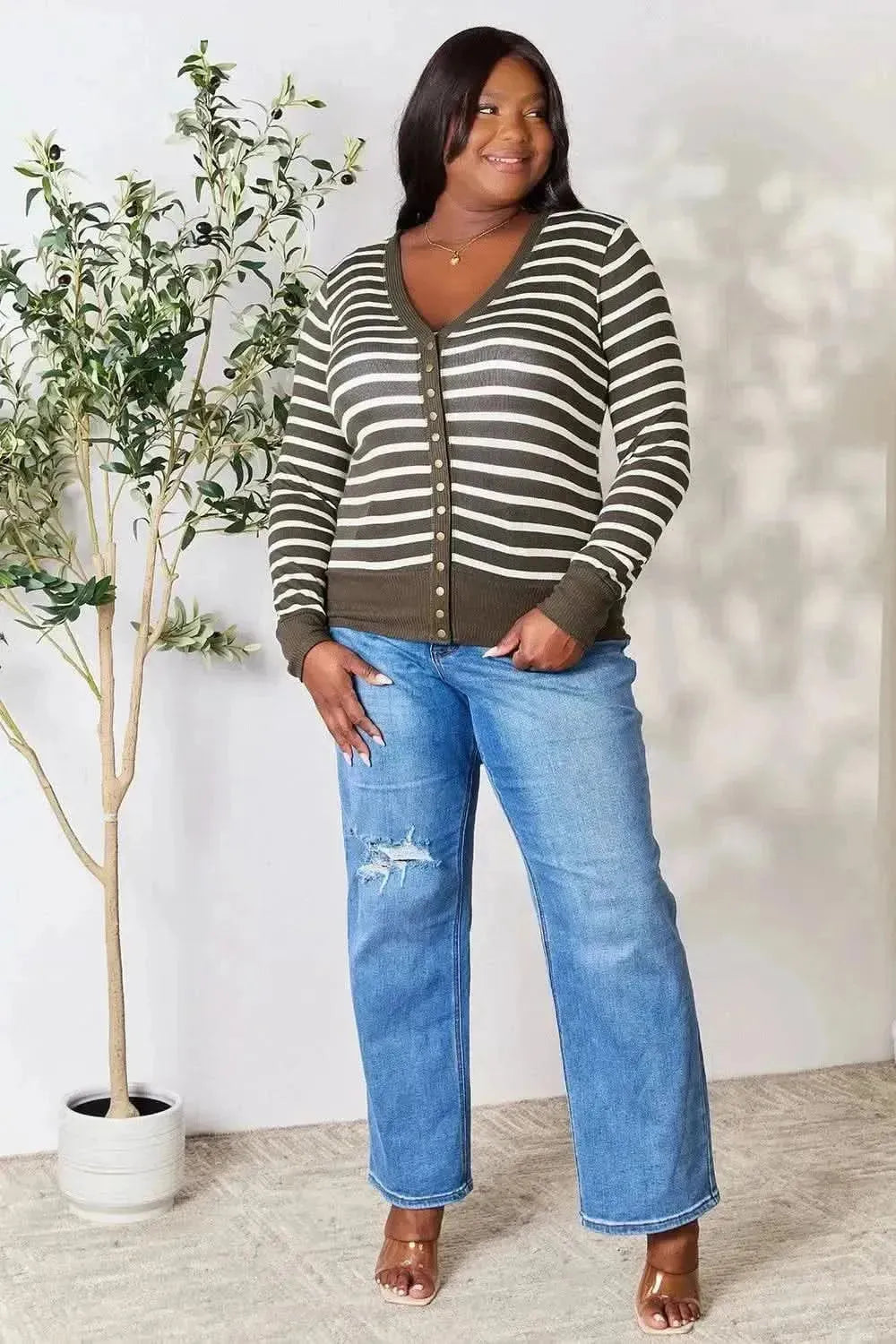Zenana Full Size Striped Snap Down Cardigan - Bad Moms Club