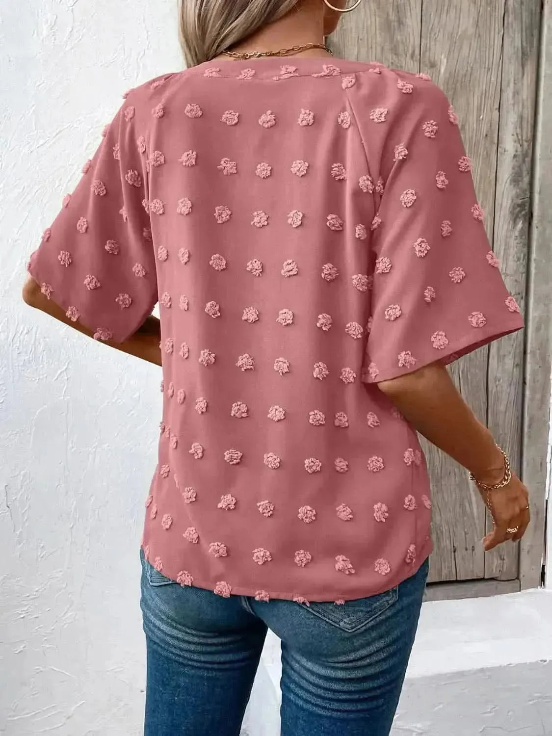 Ivy Lane Swiss Dot Notched Half Sleeve Blouse - Bad Moms Club
