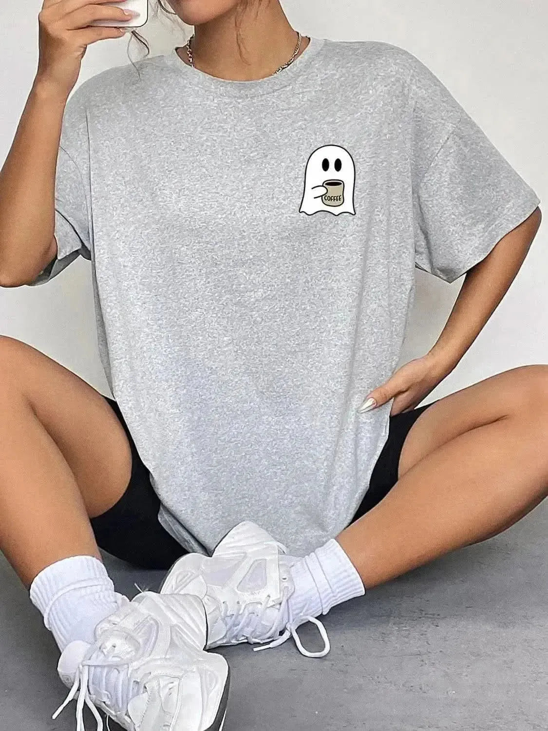 Round Neck Short Sleeve Ghost Graphic T-Shirt - Bad Moms Club