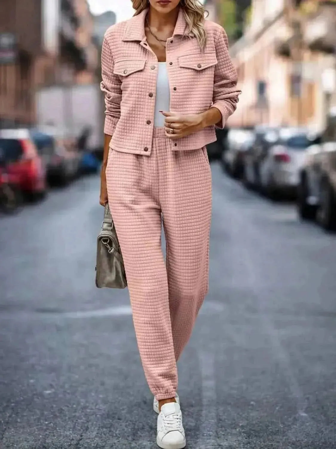 Plaid Texture Snap Down Top and Pants Set - Bad Moms Club