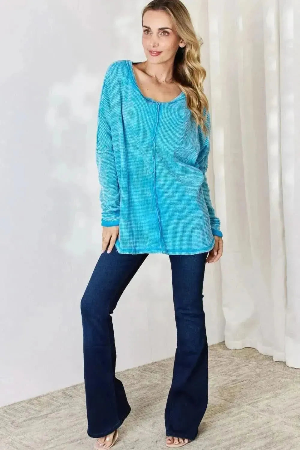 Zenana Oversized Waffle Long Sleeve Top - Bad Moms Club