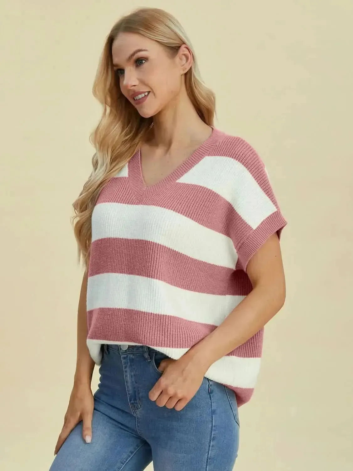 Double Take Full Size Striped V-Neck Short Sleeve Sweater - Bad Moms Club