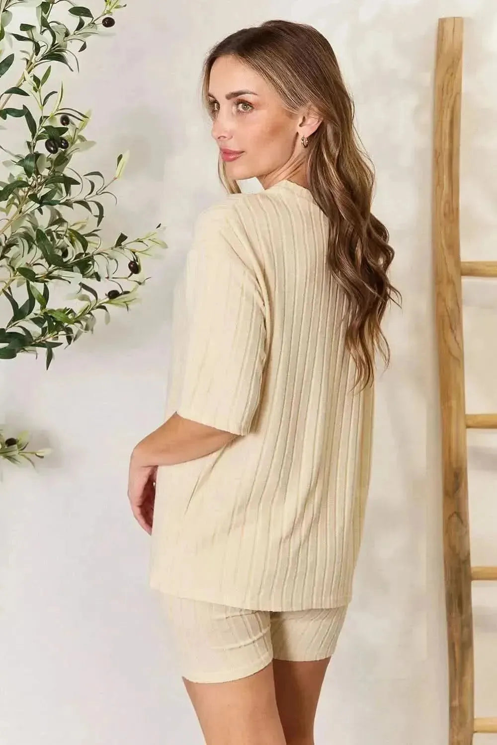 Ribbed Round Neck Top and Shorts Lounge Set - Bad Moms Club