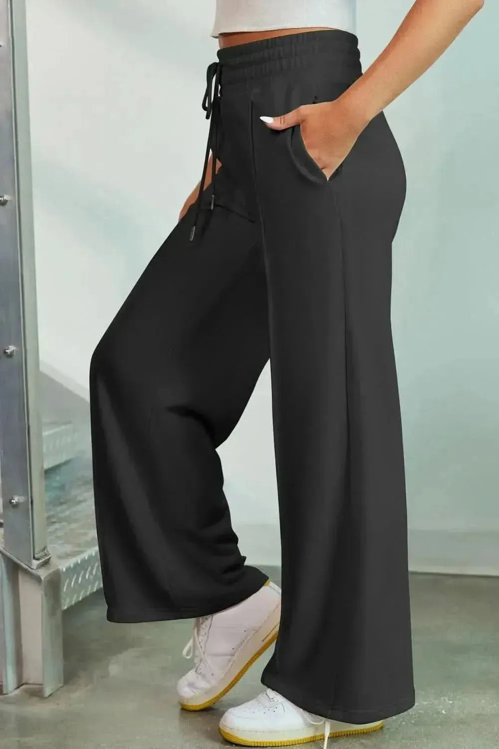Drawstring Wide Leg Pants with Pockets - Bad Moms Club