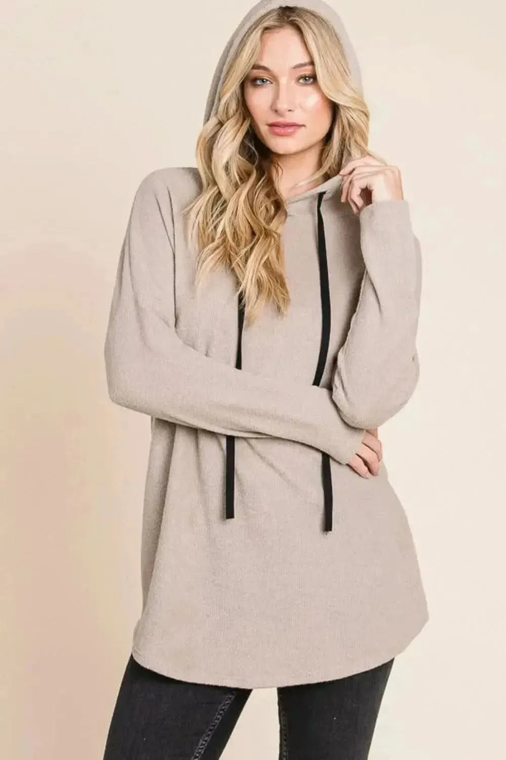 BOMBOM Contrast Drawstring Drop Shoulder Knit Hoodie - Bad Moms Club