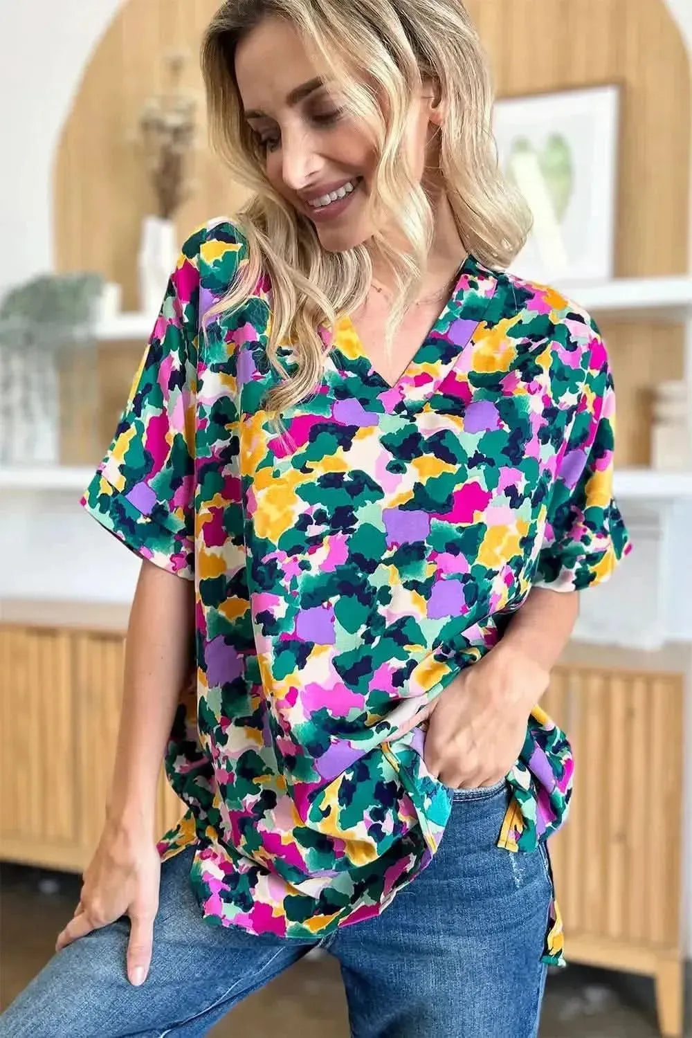 Double Take Full Size Printed V-Neck Short Sleeve Side Slit Top - Bad Moms Club