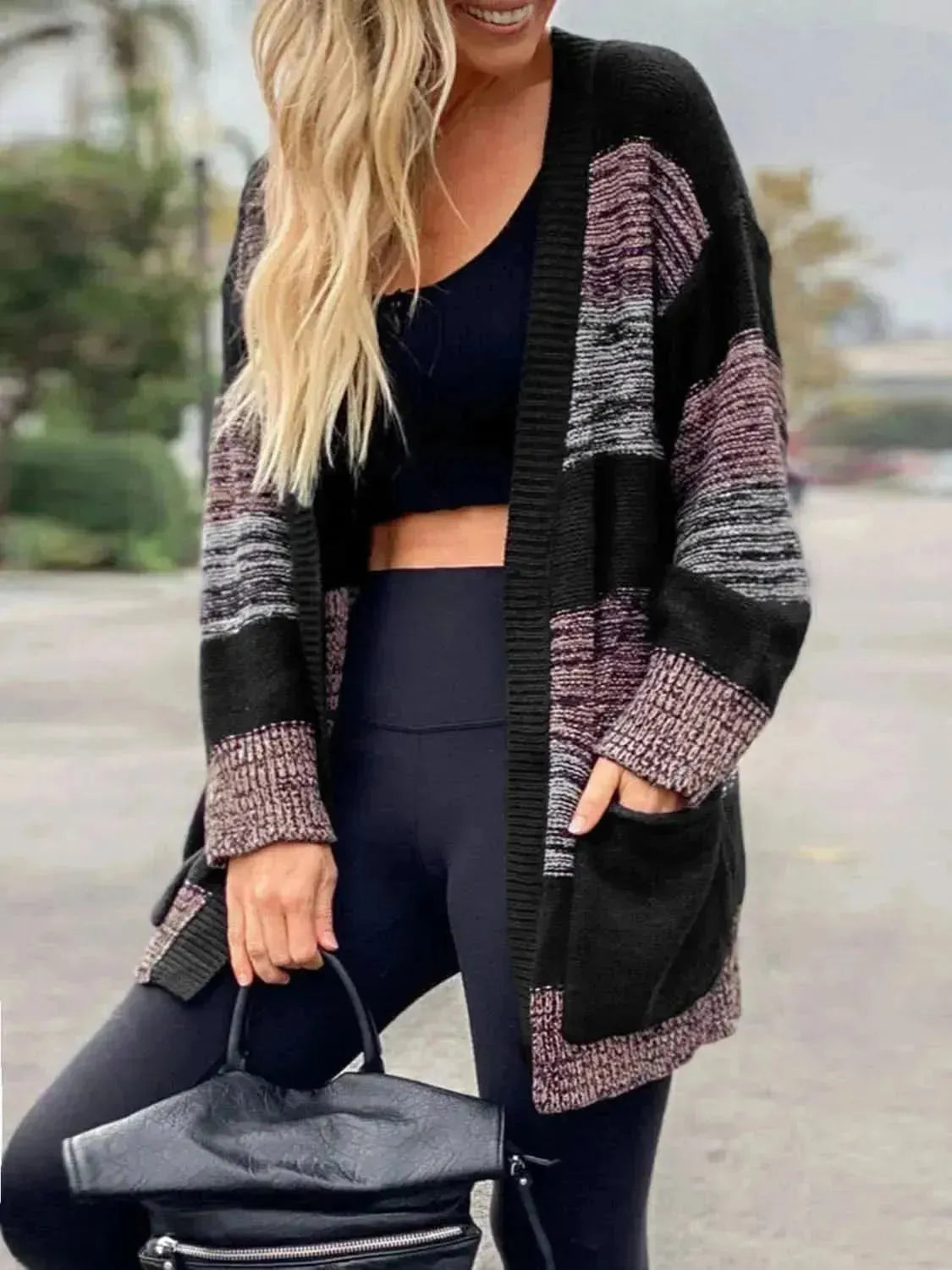 Striped Open Front Long Sleeve Cardigan with Pockets - Bad Moms Club