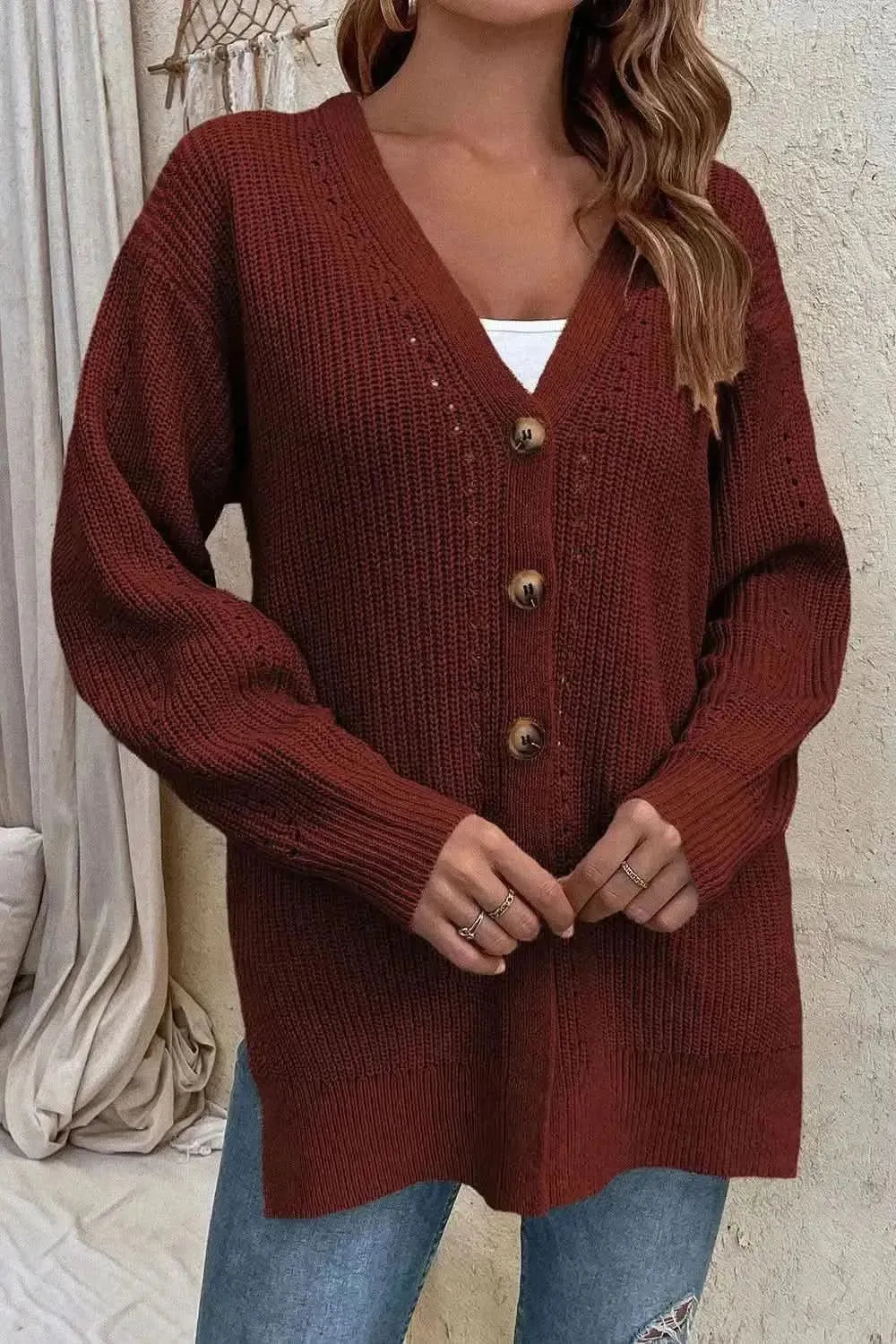 V-Neck Openwork Long Sleeve Cardigan - Bad Moms Club