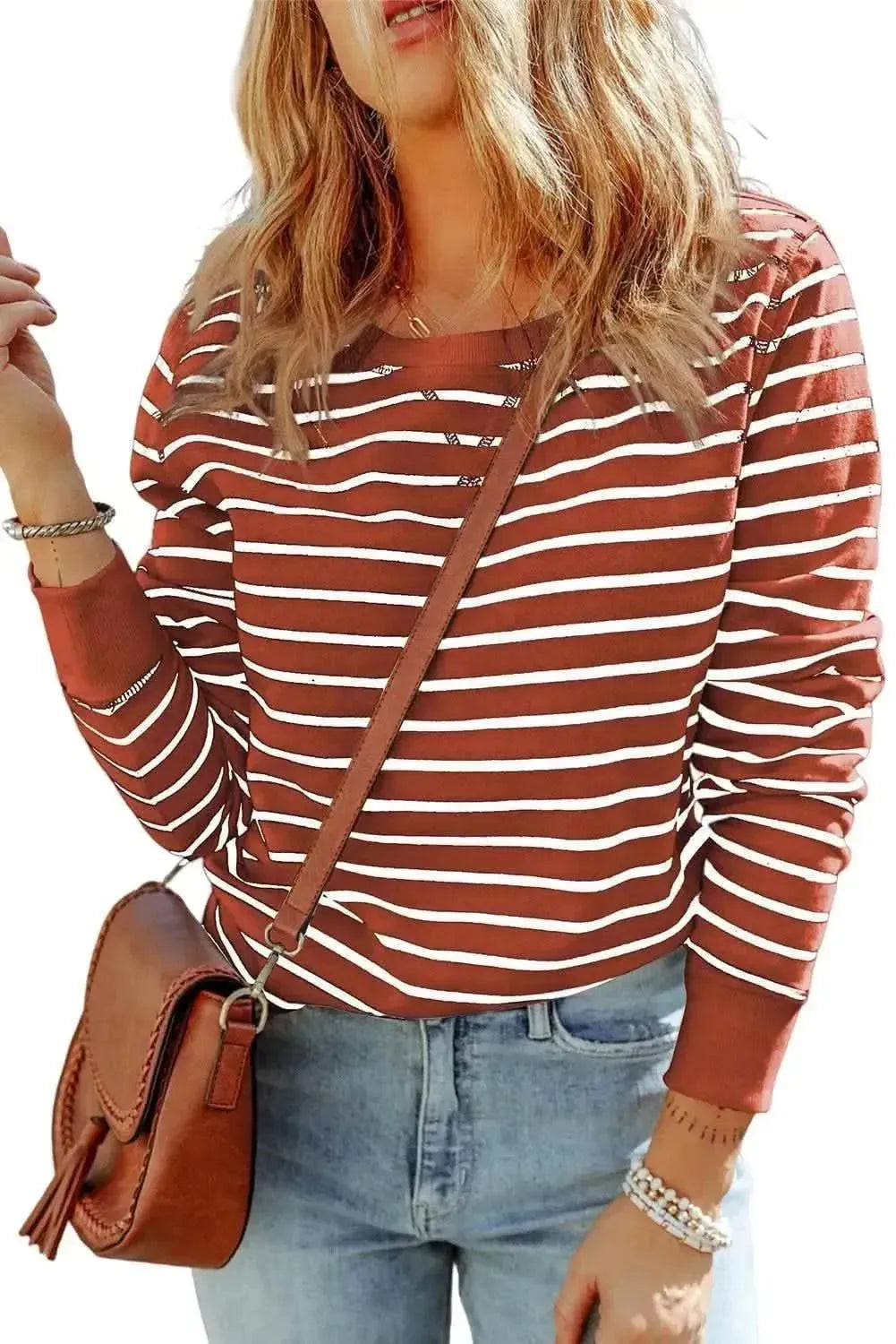 Striped Long Sleeve Round Neck Top - Bad Moms Club