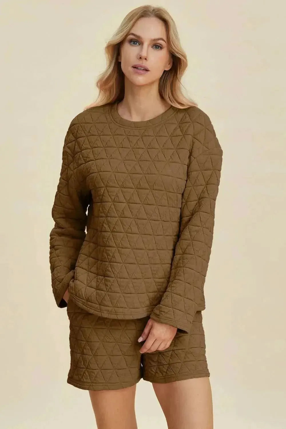 Double Take Full Size Texture Round Neck Long Sleeve Top and Shorts Set - Bad Moms Club