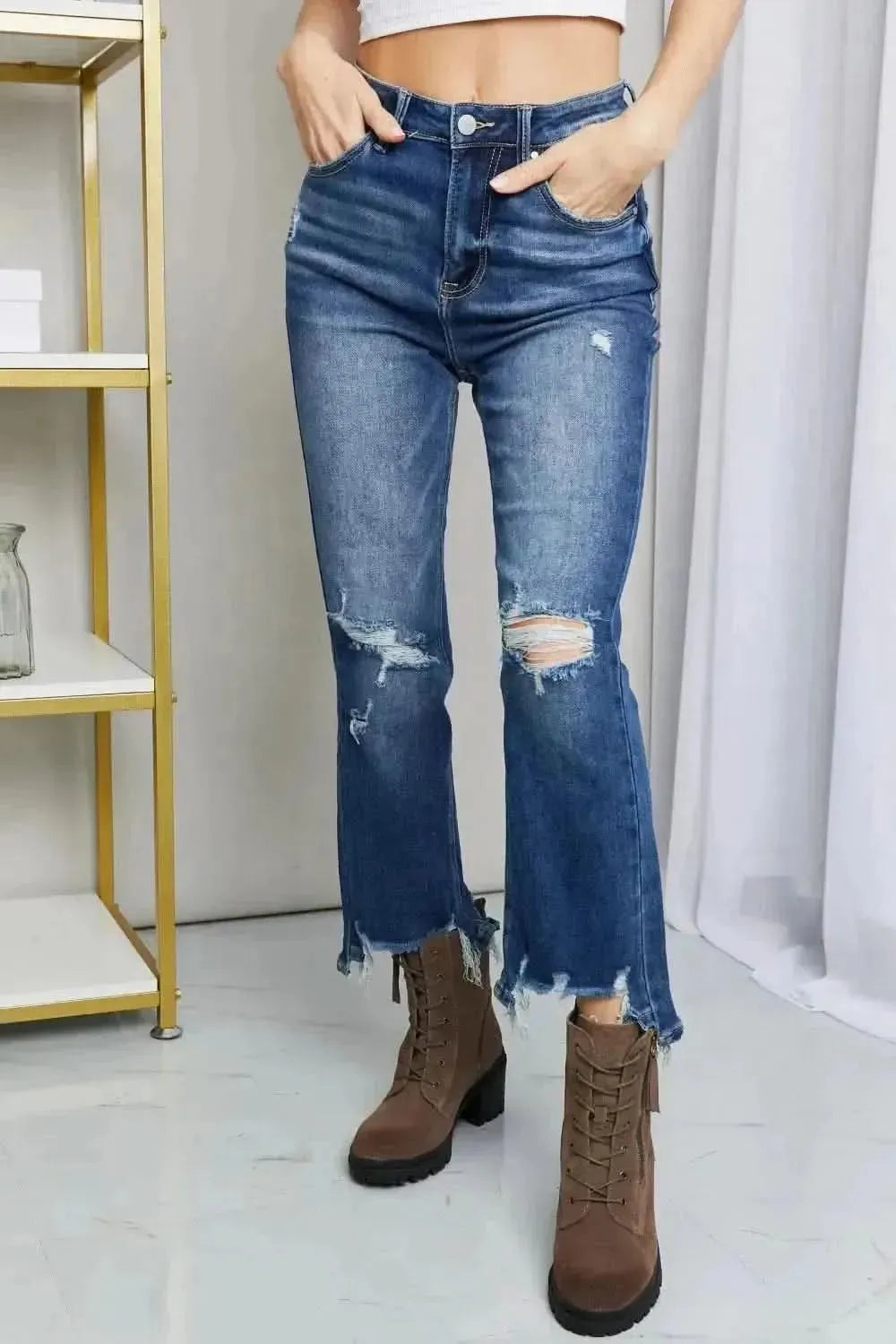 RISEN Frayed Hem Distressed Cropped Jeans - Bad Moms Club