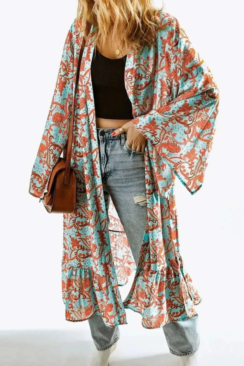 Printed Open Front Duster Cardigan - Bad Moms Club