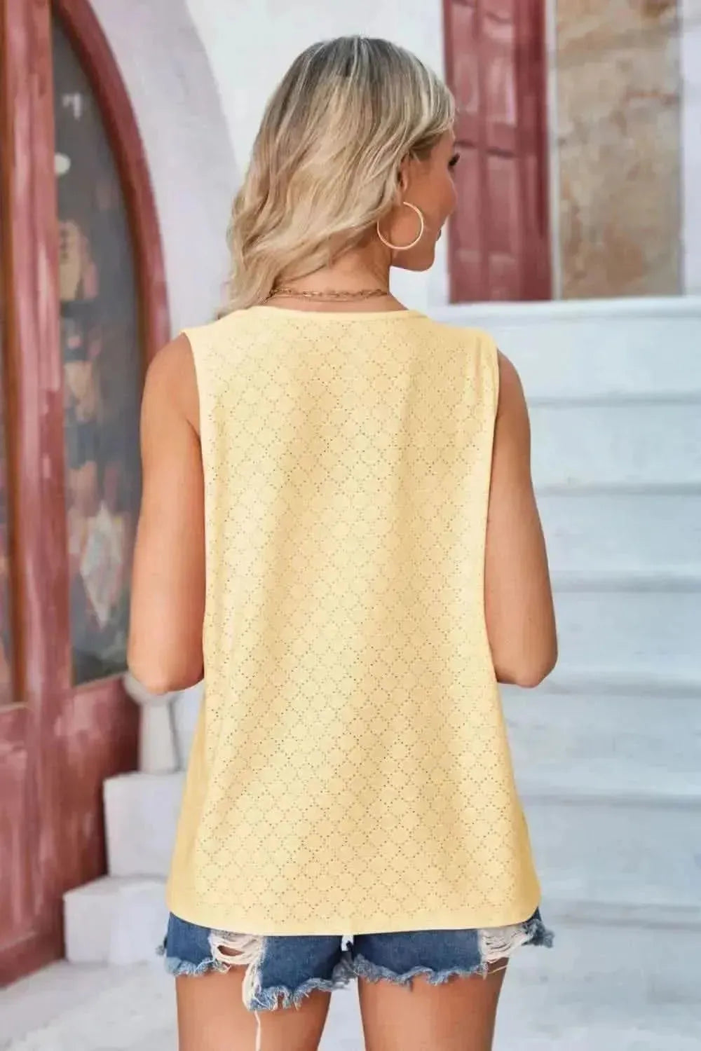 Eyelet Open Front Sleeveless Cardigan - Bad Moms Club