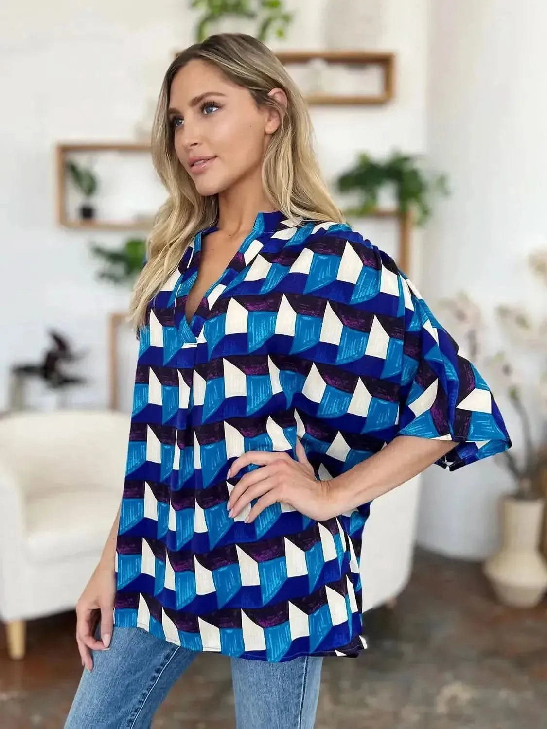 Double Take Full Size Geometric Notched Half Sleeve Blouse - Bad Moms Club