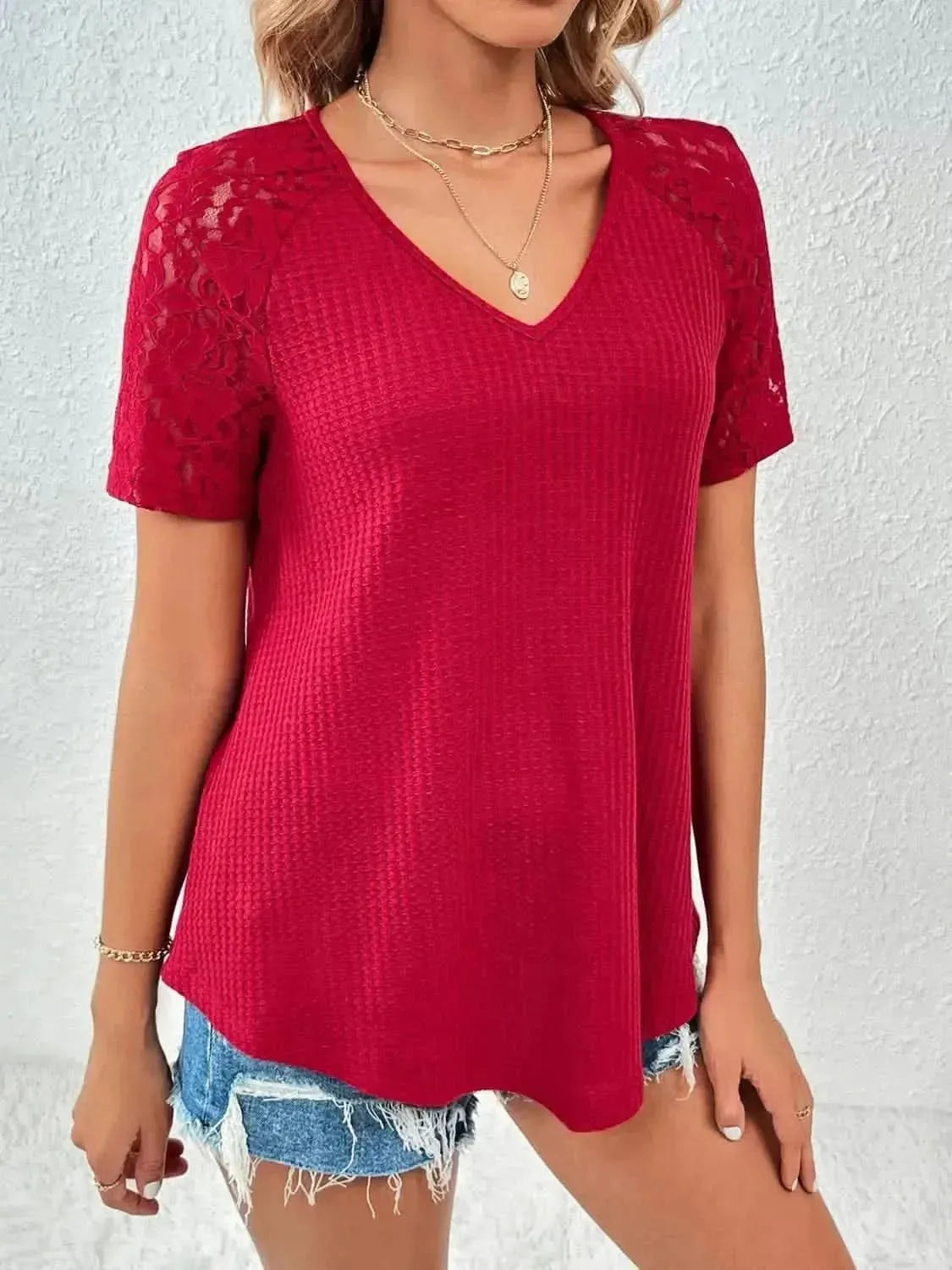 Ivy Lane Lace Detail V-Neck Short Sleeve T-Shirt - Bad Moms Club