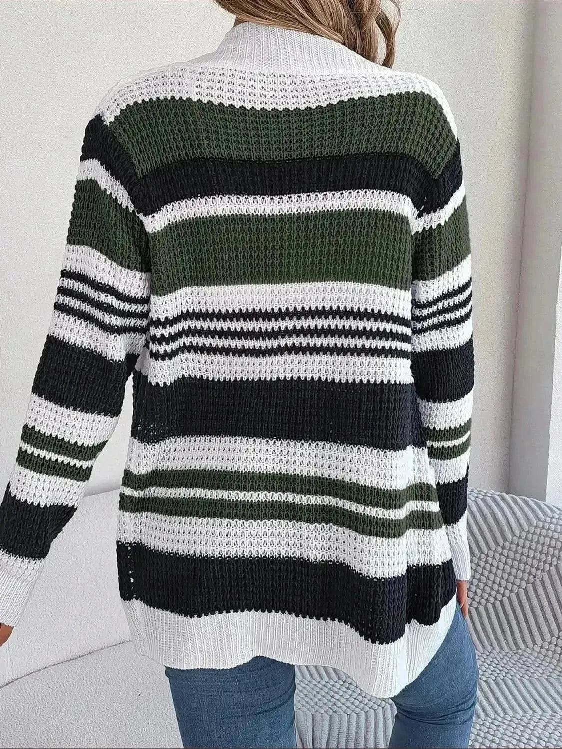 Striped Open Front Long Sleeve Cardigan - Bad Moms Club