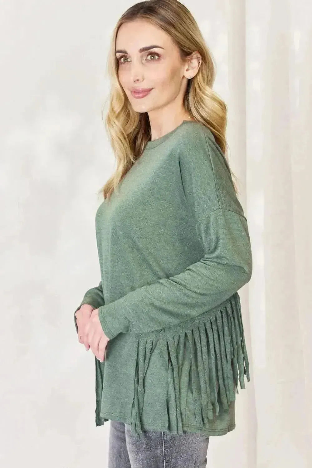 Celeste Full Size Fringe Detail Long Sleeve Top - Bad Moms Club