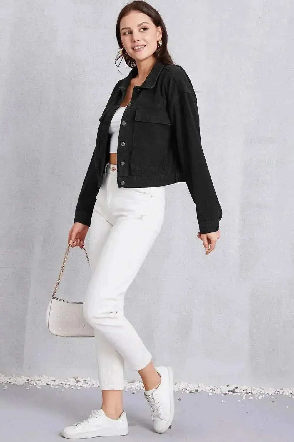 Button Up Dropped Shoulder Denim Jacket - Bad Moms Club