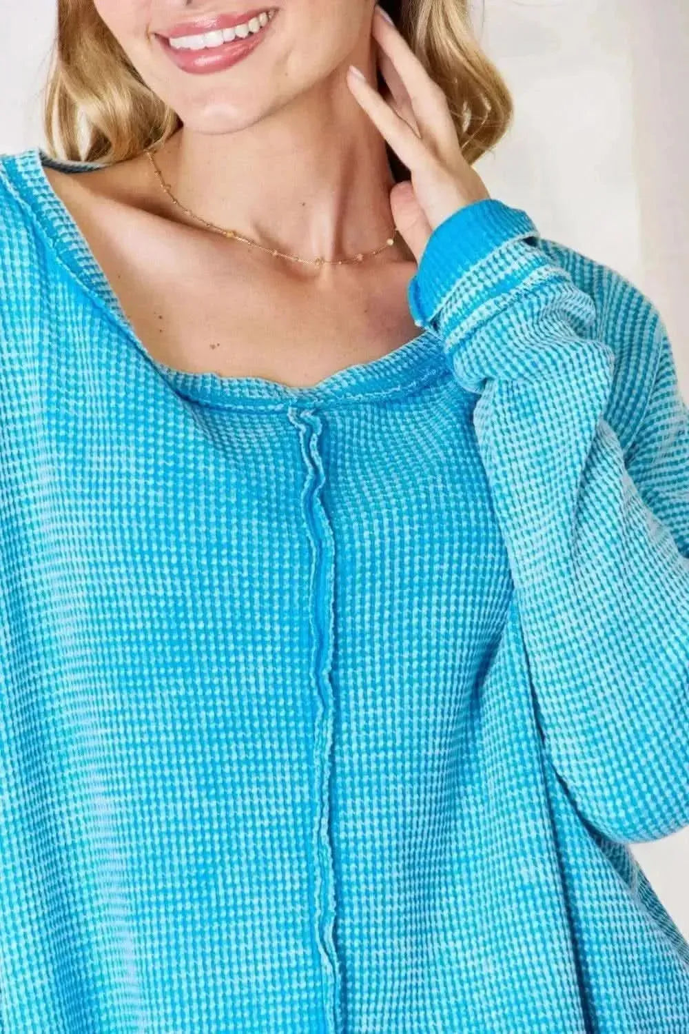 Zenana Oversized Waffle Long Sleeve Top - Bad Moms Club