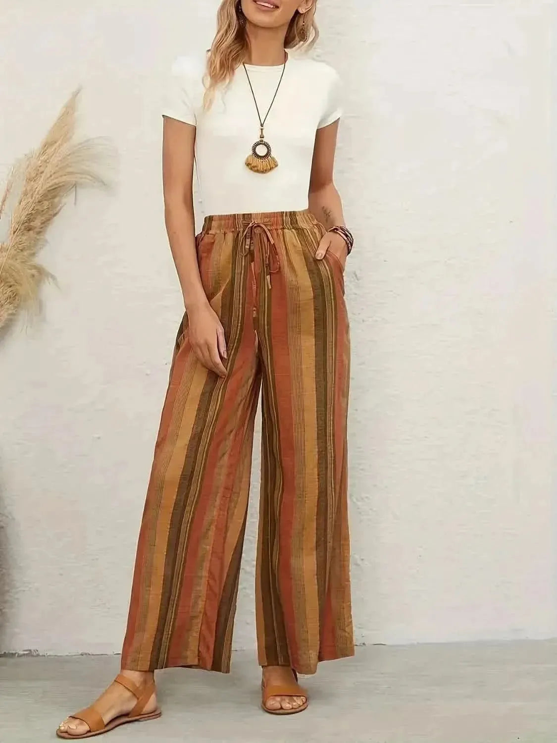 Full Size Drawstring Striped Wide Leg Pants - Bad Moms Club