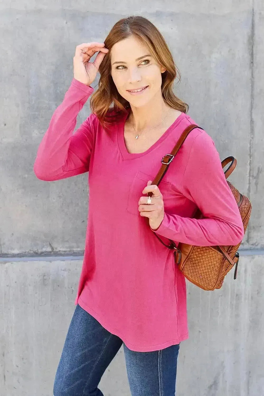 Basic Bae Full Size V-Neck Long Sleeve Top - Bad Moms Club