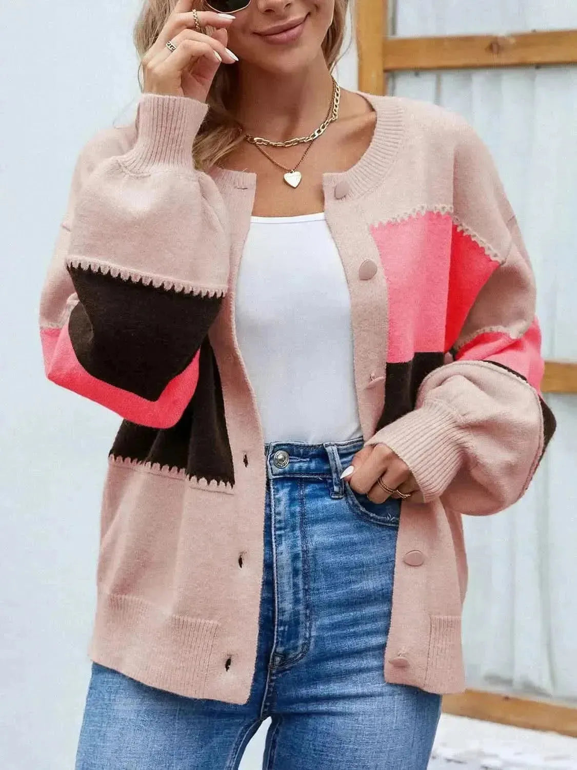 Color Block Button Up Lantern Sleeve Cardigan - Bad Moms Club