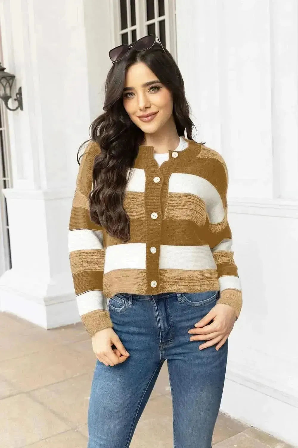Striped Button Up Long Sleeve Cardigan - Bad Moms Club
