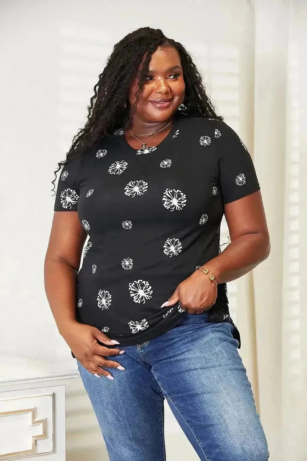 Double Take Dandelion Print Round Neck T-Shirt - Bad Moms Club
