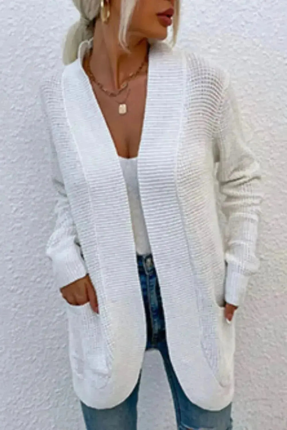 Open Front Rib-Knit Cardigan with Pockets - Bad Moms Club