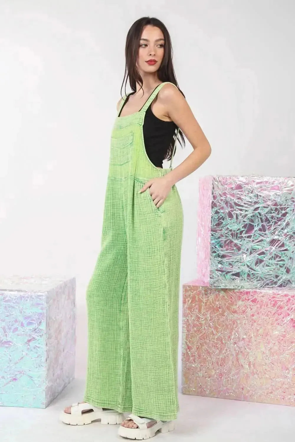 VERY J Texture Washed Wide Leg Overalls - Bad Moms Club