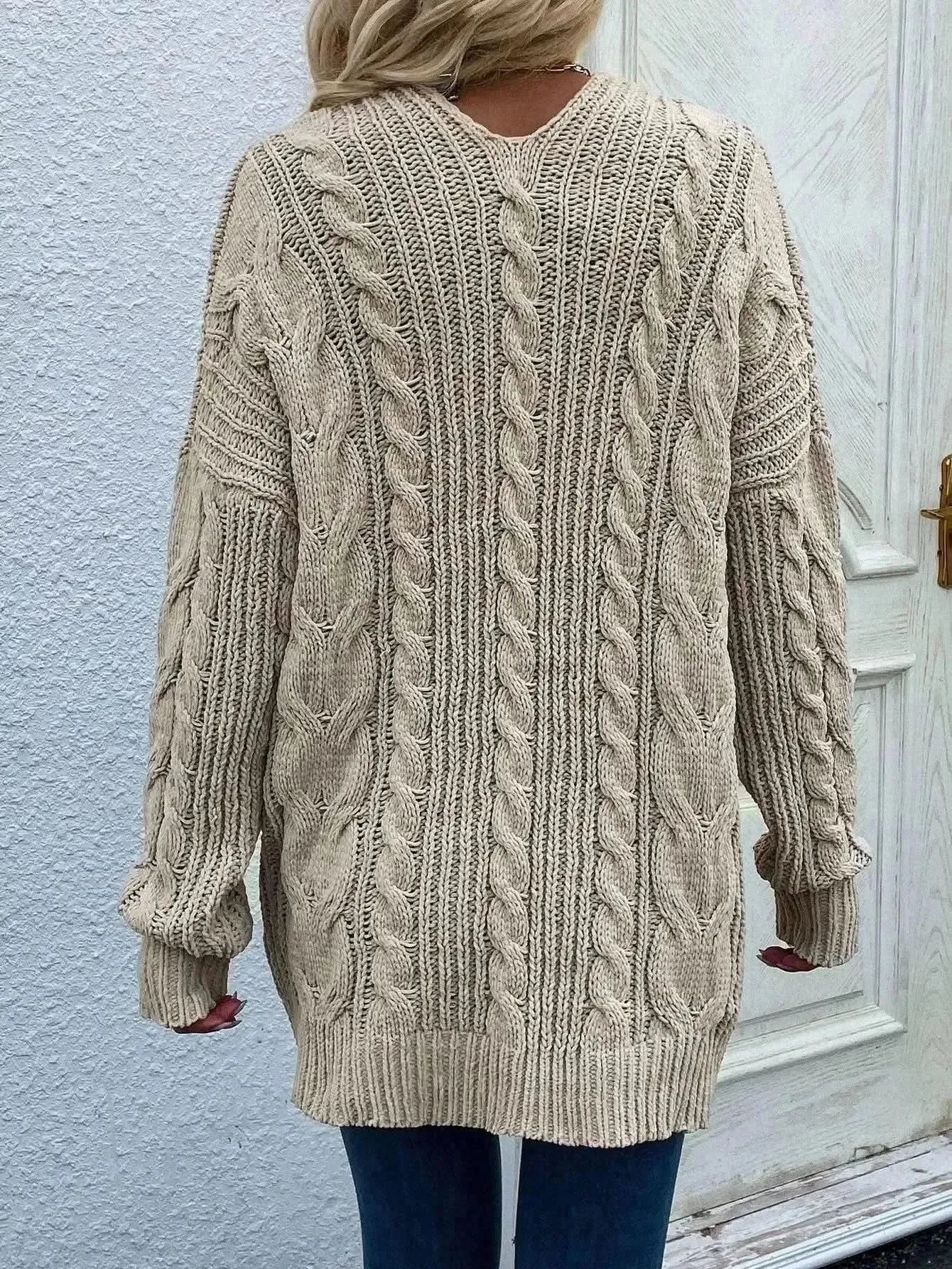 Woven Right Cable-Knit Open Front Cardigan with Front Pockets - Bad Moms Club