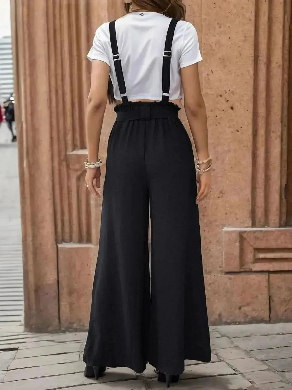 Perfee Tied Wide Leg Pants with Shoulder Straps - Bad Moms Club