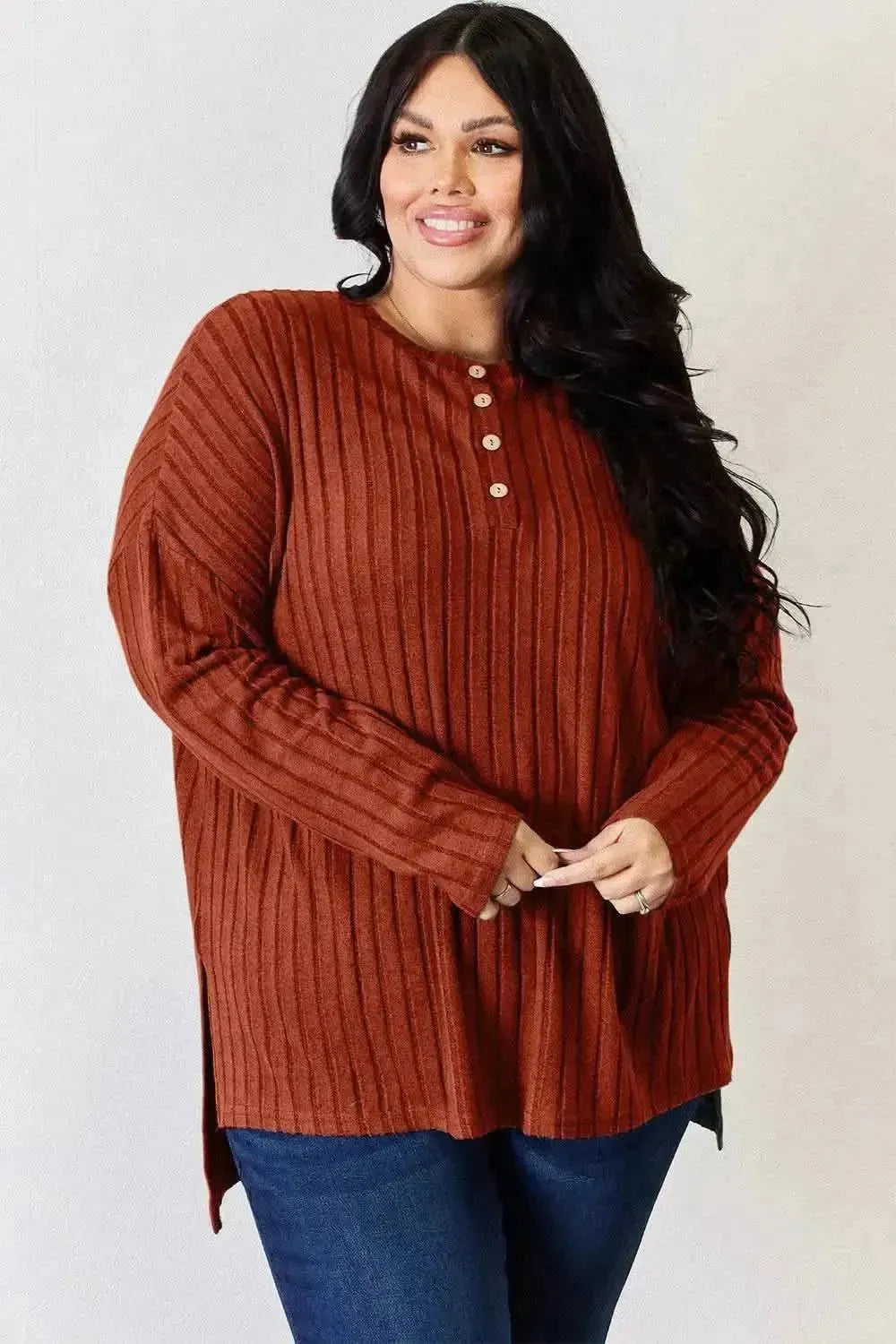 Basic Bae Full Size Ribbed Half Button Long Sleeve High-Low T-Shirt - Bad Moms Club