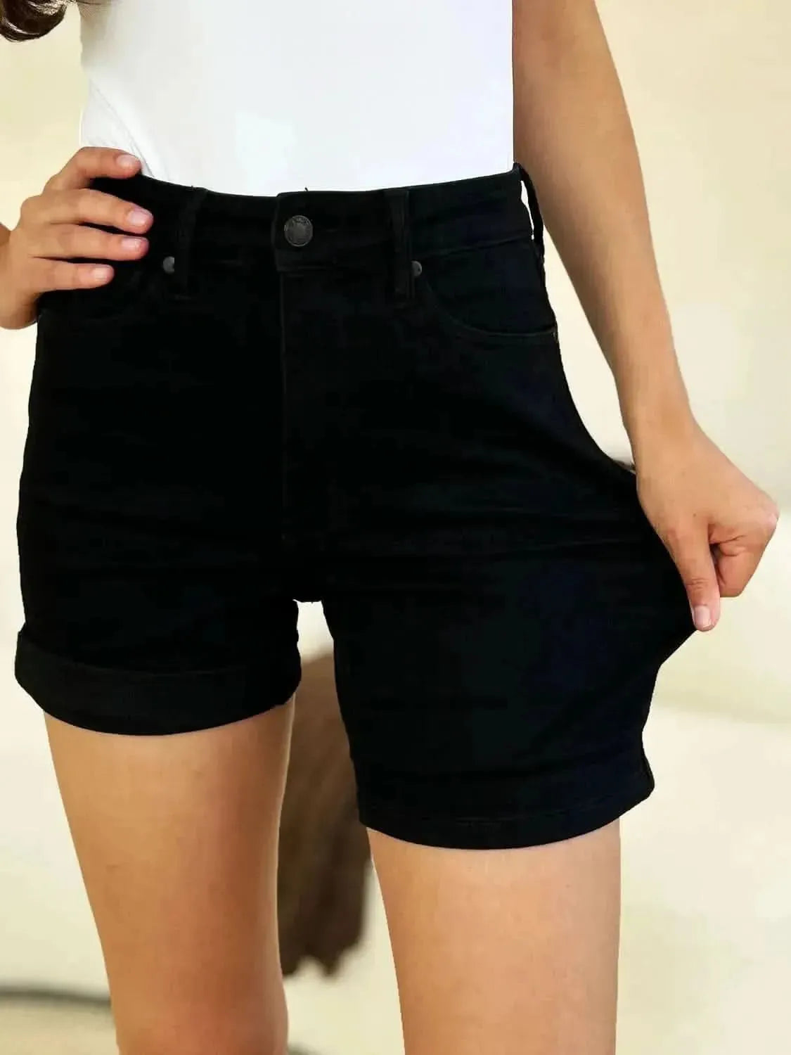 Judy Blue Full Size High Waist Tummy Control Cuffed Denim Shorts - Bad Moms Club