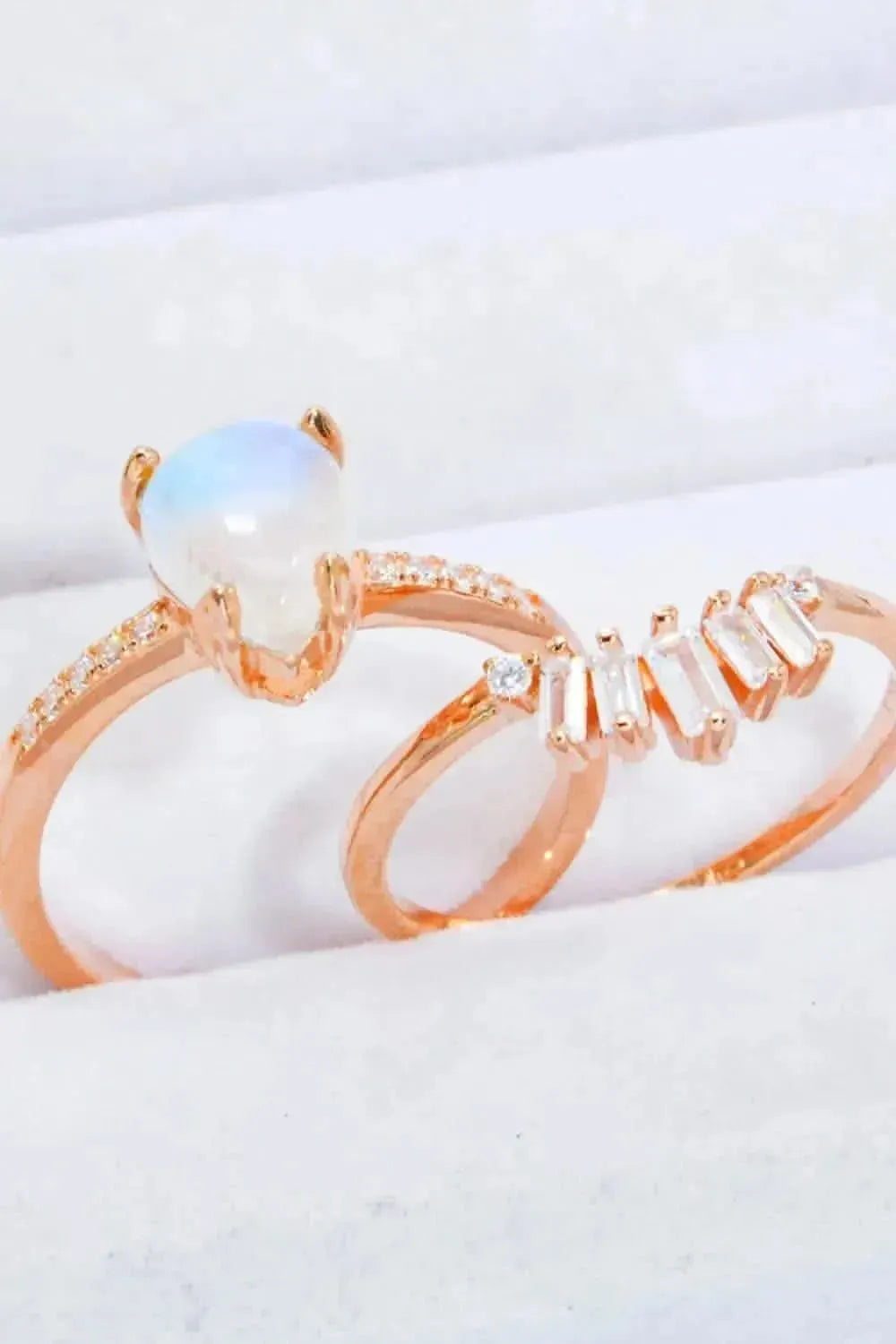 Natural Moonstone and Zircon 18K Rose Gold-Plated Two-Piece Ring Set - Bad Moms Club