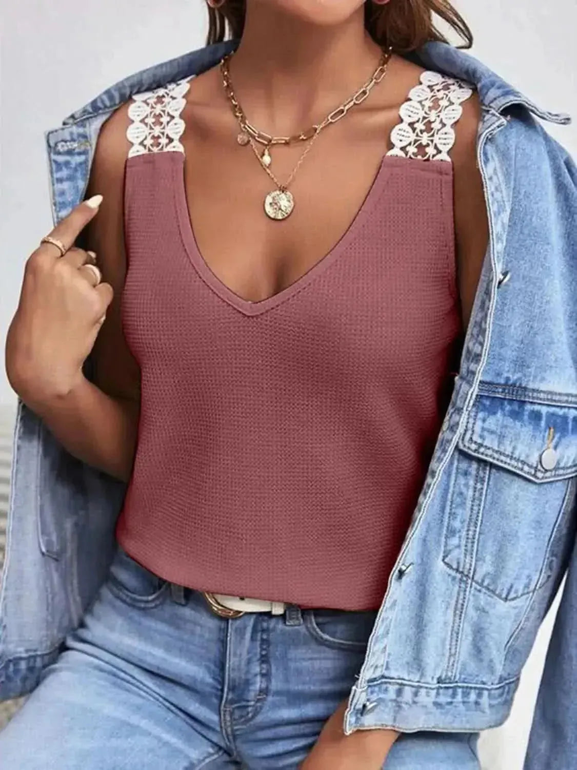 Full Size Lace Detail V-Neck Tank - Bad Moms Club