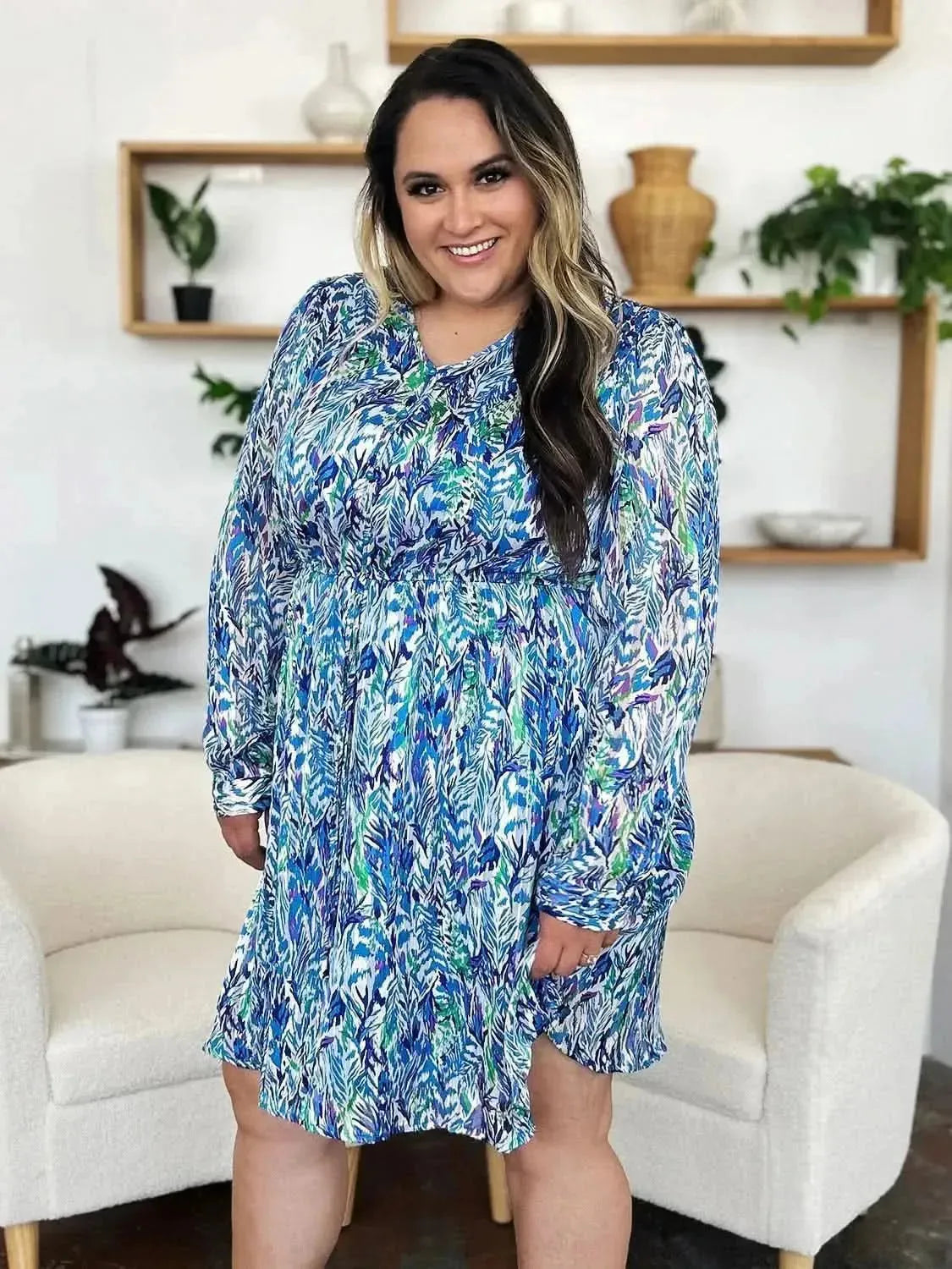 Double Take Full Size Printed Drawstring Waist Long Sleeve Dress - Bad Moms Club