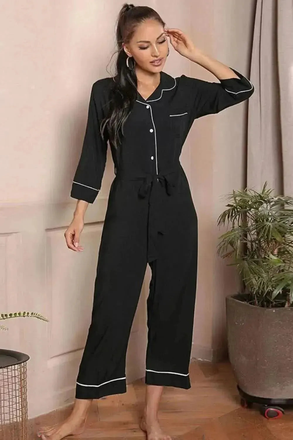 Contrast Belted Lapel Collar Jumpsuit - Bad Moms Club